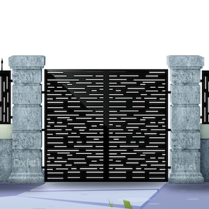Pu&ograve; includere: Cancello in metallo nero con un design a lamelle orizzontali. Il cancello &egrave; fiancheggiato da due pilastri in pietra.