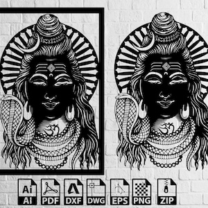 May include: Black and white line art illustration of the Hindu deity Shiva. Shiva is depicted with a third eye, a snake around his neck, and a crescent moon on his head. The image is framed in a black square.