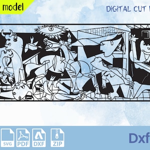 May include: Black and white digital cut file of a famous painting by Pablo Picasso, Guernica. The painting depicts a scene of chaos and destruction with figures and animals.