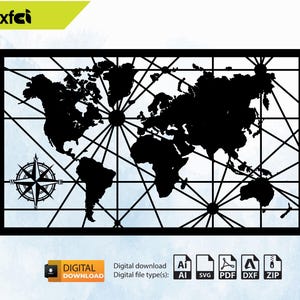 Weltkarten Wandkunst, DXF Weltkarte, Reise Landkarte, Landkarte Silhouette, Weltkarte Wandkunst, Weltkarte druckbar, Gravurdatei