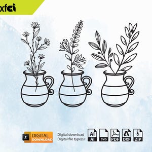 Puede incluir: Tres jarrones en blanco y negro, cada uno con diferentes arreglos florales. Los jarrones tienen asas y un diseño a rayas. La imagen incluye el texto "DESCARGA DIGITAL" e iconos de tipo de archivo.