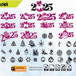 Puede incluir: Un conjunto de 25 archivos de corte SVG para adornos navideños con una variedad de diseños, incluyendo copos de nieve, estrellas, campanas, árboles, Papá Noel, renos y un trineo. Los diseños son en blanco y negro y son perfectos para crear adornos personalizados para la temporada navideña.