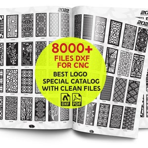 Pu&ograve; includere: Un catalogo aperto con un cerchio giallo che evidenzia il testo "8000+ FILE DXF PER CNC MIGLIOR LOGO CATALOGO SPECIALE CON FILE PULITI". Il catalogo presenta una variet&agrave; di disegni in bianco e nero per il taglio CNC. Il catalogo &egrave; etichettato "2022".