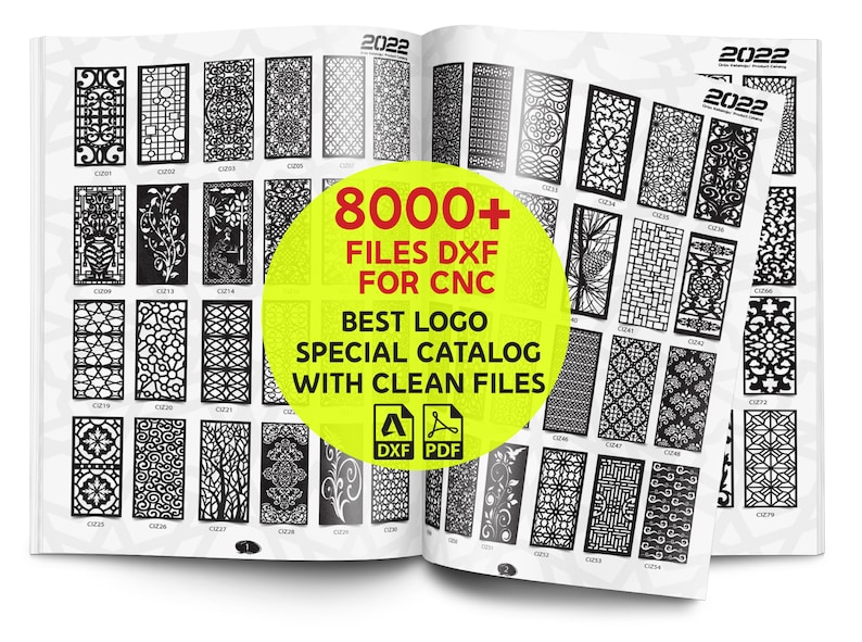 Pu&ograve; includere: Un catalogo aperto con un cerchio giallo che evidenzia il testo "8000+ FILE DXF PER CNC MIGLIOR LOGO CATALOGO SPECIALE CON FILE PULITI". Il catalogo presenta una variet&agrave; di disegni in bianco e nero per il taglio CNC. Il catalogo &egrave; etichettato "2022".