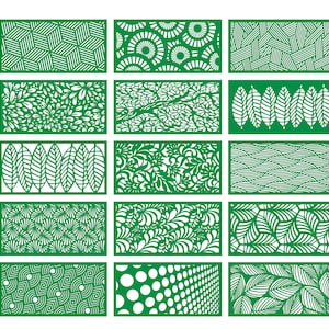 May include: A set of 12 green laser cut designs featuring various patterns, including geometric shapes, leaves, and floral motifs. These designs are perfect for creating decorative screens, wall art, or stencils.