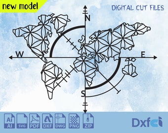 World Map Compass SVG, Laser Cut Dxf Files (Digital Download)