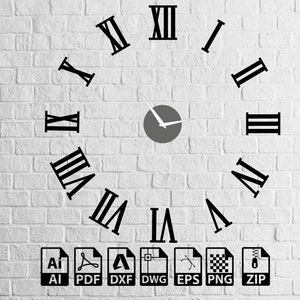 May include: A black and white clock face with Roman numerals on a white brick wall. The clock hands are pointing to 12:00. The image includes file format icons for AI, PDF, DXF, DWG, EPS, PNG, and ZIP.