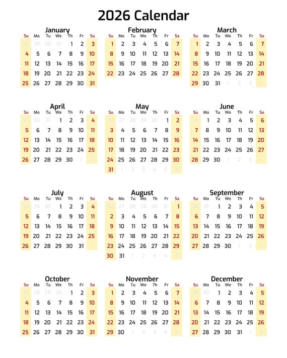 2026 calendar: printable transparent clip art (svg, pdf, jpg) - etsy canada