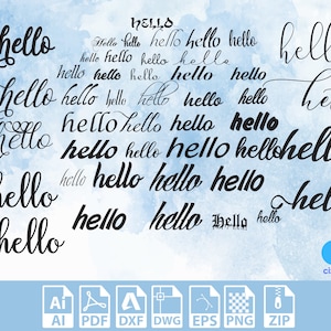 Peut inclure: Une illustration numérique du mot "hello" écrit dans différents styles et polices. Le mot "hello" est répété plusieurs fois dans différentes tailles et styles. L'arrière-plan est une aquarelle bleu clair.
