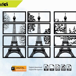 Puede incluir: Un conjunto de ocho archivos de corte digital en blanco y negro que representan la Torre Eiffel con un diseño de hojas. Los archivos están disponibles en los formatos AI, SVG, PDF, DXF y ZIP.
