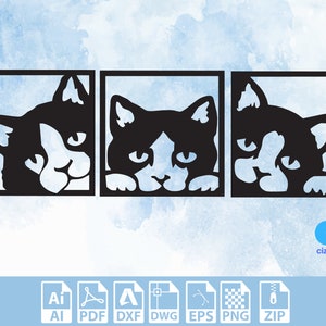 Décor trois chats mur chats fichier DXF, fichier numérique Ai Pdf, fichiers DXF pour cnc, fichiers découpés au Laser, coupe vectorielle