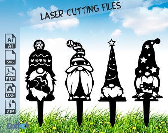 May include: Four black silhouette cutouts of gnomes with different hats. The gnomes are holding a heart, a star, a snowflake, and a present. The gnomes are standing on stakes, which are meant to be inserted into the ground.
