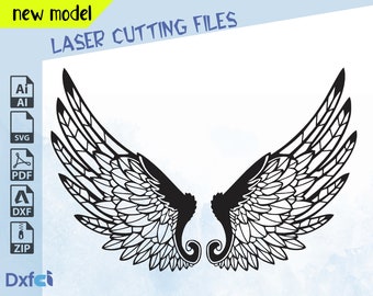Puede incluir: Diseño simétrico de alas de ángel negras con patrones de plumas detallados. La imagen incluye el texto "new model" y "LASER CUTTING FILES", junto con iconos de tipo de archivo para AI, SVG, PDF, DXF y ZIP.