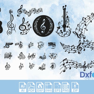 Könnte beinhalten: Ein Satz von 25 schwarzen und weißen SVG-Schnittdateien mit Noten und Violinschlüsseln. Die Dateien beinhalten eine Gitarre, einen Violinschlüssel mit floralen Akzenten und verschiedene Noten und Notensysteme. Die Dateien sind in den Formaten AI, PDF, DXF, DWG, EPS, PNG und ZIP verfügbar.