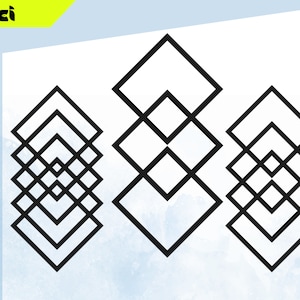 May include: Three black geometric shapes with a square design. The shapes are layered on top of each other, creating a pattern of overlapping squares.