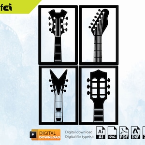 Guitar Set of 4 | Laser Cut Dxf Svg Files | Wall Sticker |Engraving Decal |Silhouette Template |CNC Cutting | Router Digital Vector Download