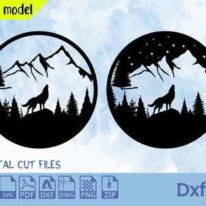 May include: Two black and white silhouette designs of a wolf howling at the moon in a mountain landscape. The first design shows a wolf howling at the moon in a mountain landscape during the day. The second design shows a wolf howling at the moon in a mountain landscape at night with stars in the sky.