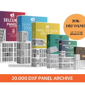 Peut inclure: Une collection de boîtes de produits numériques étiquetées comme une archive de 20 000 panneaux DXF. Les boîtes présentent diverses couleurs dont le violet, le bleu, le jaune, le vert et le marron, affichant des motifs pour découpe CNC.