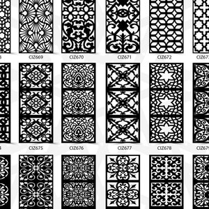 Pu&ograve; includere: Un set di dieci file di taglio digitale in bianco e nero che presentano intricati motivi geometrici e floreali. Questi design sono perfetti per creare schermi decorativi, divisori di ambienti o altri progetti di taglio laser.