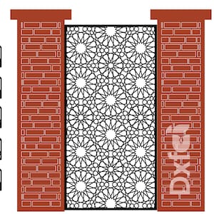 May include: A black metal gate design with a geometric pattern of stars and circles. The gate is flanked by two brick pillars.