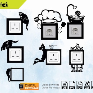 May include: Black silhouette designs for light switch covers. Designs include a cat, chef, baby in a tub, basketball player, and carousel. The designs are for a digital download, with file types including AI, SVG, PDF, DXF, and ZIP.