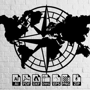 Wereldkaart kompas ontwerp decor Lasergesneden, Svg, Dxf, CNC snijden, CNC-router, digitaal, vectorbestanden, cdr, pdf, ai, eps, licht branden, cirkel