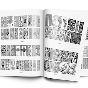 May include: A book with black and white illustrations of different patterns and designs. The book is open to pages 3 and 13, showing a variety of geometric and floral motifs. The book is titled "Page 3" and "Page 13".