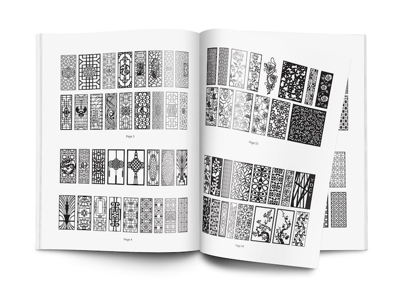 May include: A book with black and white illustrations of different patterns and designs. The book is open to pages 3 and 13, showing a variety of geometric and floral motifs. The book is titled "Page 3" and "Page 13".