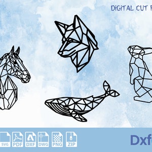 May include: A set of four geometric animal silhouette designs, including a horse, wolf, whale, and rabbit. The designs are black and white and have a geometric, low-poly style.