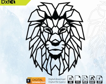 May include: Geometric line art design of a lion's head with a black outline. The design is in a low polygon style. The image includes the text "DIGITAL DOWNLOAD" and "Digital file type(s): AI, SVG, PDF, DXF, ZIP".