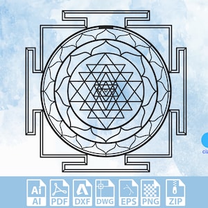 May include: A black and white line drawing of a Sri Yantra, a sacred geometric symbol in Hinduism. The symbol is surrounded by a square and a circle, and it is made up of nine interlocking triangles.