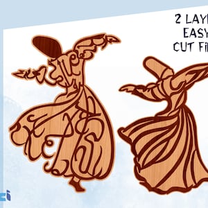 May include: Two-layer digital cut file design of a whirling dervish, a figure in a long robe with arms outstretched, in a traditional Islamic dance. The design is suitable for crafting projects.