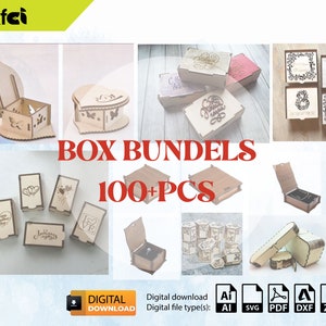 Könnte beinhalten: Ein digitaler Download von über 100 Laser-Cut-Box-Designs. Die Designs umfassen eine Vielzahl von Formen und Größen, wie Herzen, Quadrate und Rechtecke. Die Boxen sind perfekt zum Verpacken von kleinen Geschenken oder Schmuck. Die enthaltenen Dateitypen sind AI, SVG, PDF, DXF und ZIP.