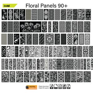 Puede incluir: Una colección de más de 90 diseños de paneles florales en blanco y negro. Los paneles presentan varios patrones botánicos, incluyendo flores, hojas y formas abstractas. La imagen incluye el texto "Floral Panels 90+" y "Descarga digital".