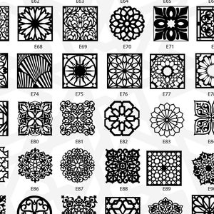 Pu&ograve; includere: Un set di 36 disegni geometrici in bianco e nero, ognuno in una cornice quadrata. I disegni sono intricati e dettagliati, con una variet&agrave; di motivi e forme.