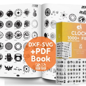 Könnte beinhalten: Ein Buch mit einem Cover, das eine Vielzahl von Uhren-Designs zeigt. Das Buch trägt den Titel "Clock 1000+ Files" und zeigt den Text "DXF-SVG +PDF Book" in einem großen orangenen Kreis.