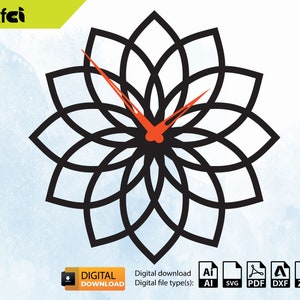May include: Black and white geometric clock face design with a red hour hand and black minute hand. Digital download files include AI, SVG, PDF, DXF, and ZIP.