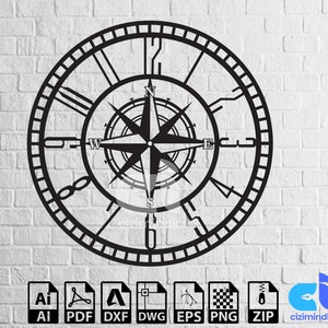 May include: Black and white clock face with Roman numerals and a compass rose in the center. The clock face is surrounded by a decorative border.