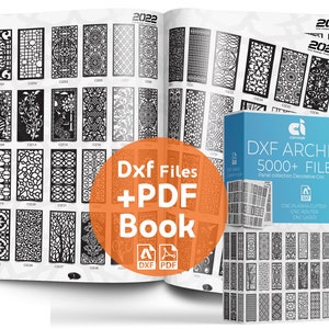 Könnte beinhalten: Ein geöffnetes Buch mit einem Schwarzweißbild eines dekorativen Paneels auf jeder Seite. Der Buchumschlag trägt den Text "Dxf Files +PDF Book" und ein Logo mit den Buchstaben "DXF" und "PDF". Das Buch ist auf Seite 1 geöffnet und der Text "2022" ist in der oberen rechten Ecke der Seite sichtbar. Eine Box mit dem Text "DXF ARCHIVE 5000+ FILES Panel collection Decorative Cnc" ist auf der rechten Seite des Bildes sichtbar.