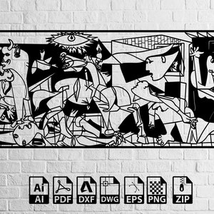 May include: Black and white line art illustration of a famous painting depicting a bull, a horse, and several figures. The painting is in a cubist style with geometric shapes and fragmented forms.