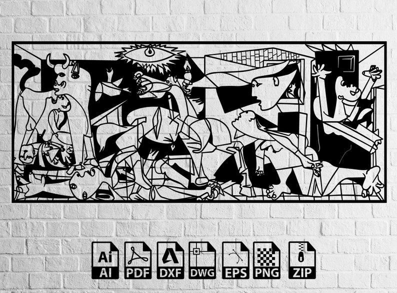 May include: Black and white line art illustration of a famous painting depicting a bull, a horse, and several figures. The painting is in a cubist style with geometric shapes and fragmented forms.