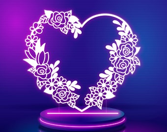 Floral Heart LED Lamp SVG: 3D Night Light Vector Files