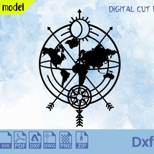 Kompass, Weltkarte Schneidedatei, Dxf Dateien, Laser Cut Datei, Wand Kunst Dxf, Laser Cut Dateien, Silhouetten Dxf Datei, Karte Wanddekoration