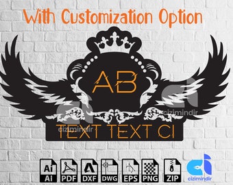 Puede incluir: Un diseño gráfico en blanco y negro con una corona, alas y las letras "AB" en naranja. El texto "TEXT TEXT CI" está debajo del diseño. La imagen incluye los formatos de archivo: AI, PDF, DXF, DWG, EPS, PNG y ZIP.