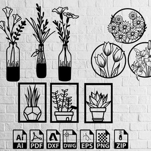 Peut inclure: Un ensemble de fichiers de découpe numériques en noir et blanc présentant divers motifs floraux et végétaux. Les motifs comprennent des fleurs dans des vases, des plantes en pot et des arrangements floraux dans des cercles. Les fichiers sont disponibles aux formats AI, PDF, DXF, DWG, EPS, PNG et ZIP.