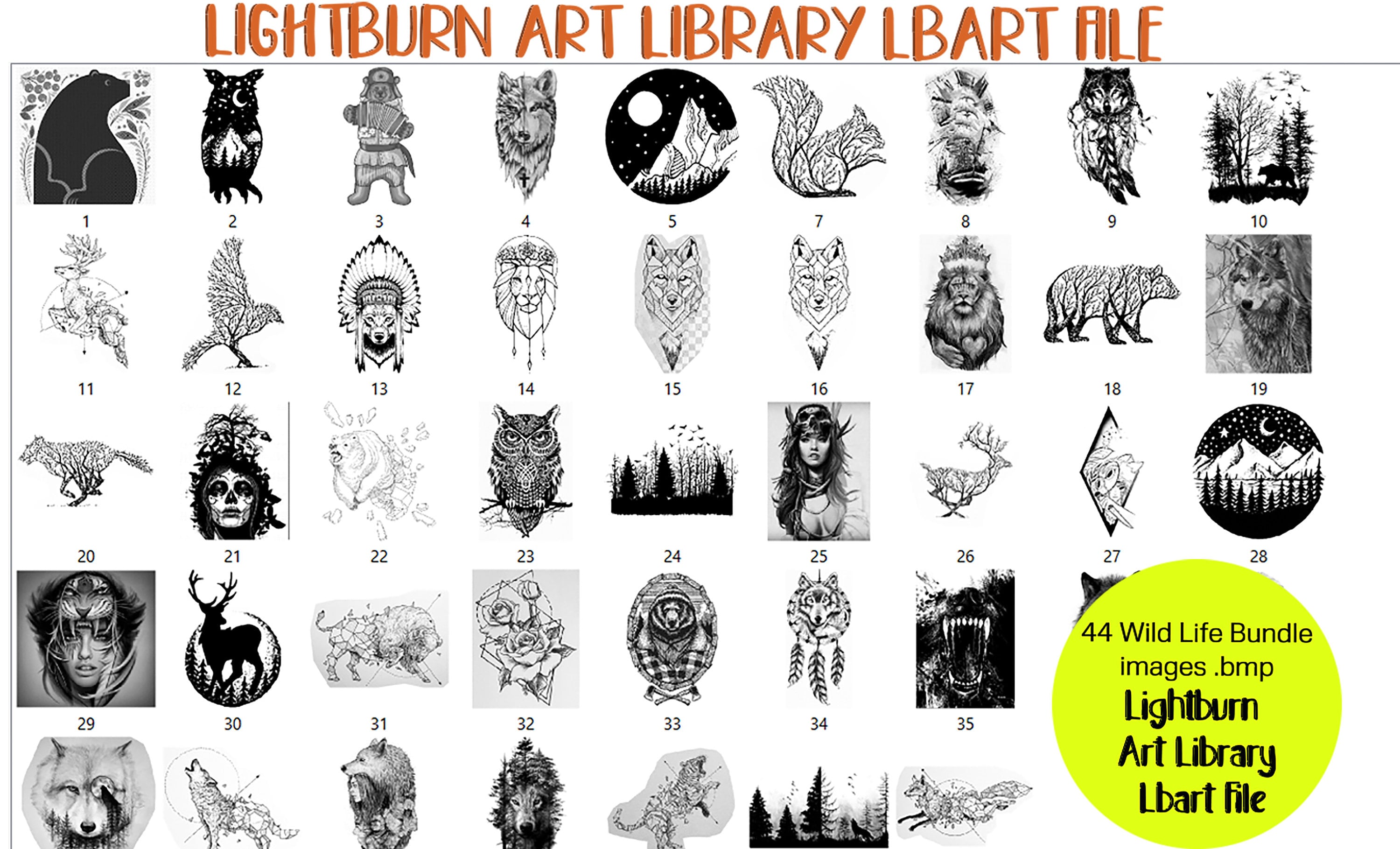 44 Wild Life Bundle Scan File Lightburn Art Library Lbart File Etsy