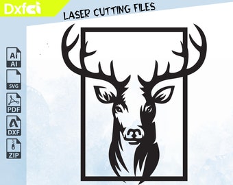 May include: Black and white silhouette of a deer head with large antlers inside a square frame.