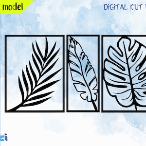Könnte beinhalten: Schwarz-weiße digitale Schnittdateien mit drei gerahmten botanischen Designs: einem Palmenblatt, einer Feder und einem Monstera-Blatt. Die Wörter "new model" und "digital cut files" werden angezeigt. Dateiformat-Symbole sind sichtbar.