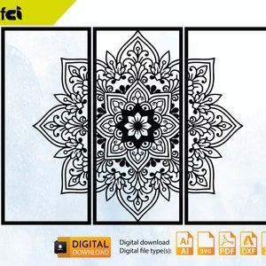 May include: A black and white mandala design split into three sections. The design is intricate and detailed, with a floral pattern. The image includes the text "DIGITAL DOWNLOAD" and "Digital file type(s): AI, SVG, PDF, DXF, ZIP".