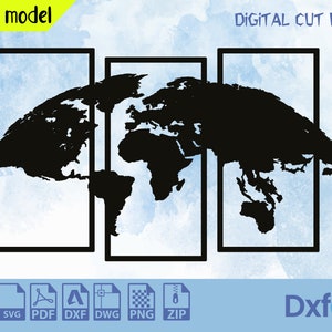 Weltkarte Wand Kunst Dekor Laser Cut Dxf Glowforge svg Ci CNC Fräser Schneiden Vinyl Schnitt Aufkleber Metallschnitt Digitale Dateien